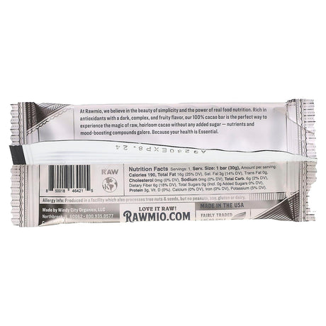 Rawmio, Essential Bar, Organic Raw Chocolate, 100% Cacao, Unsweetened, 1.1 oz (30 g) - Supply Center USA