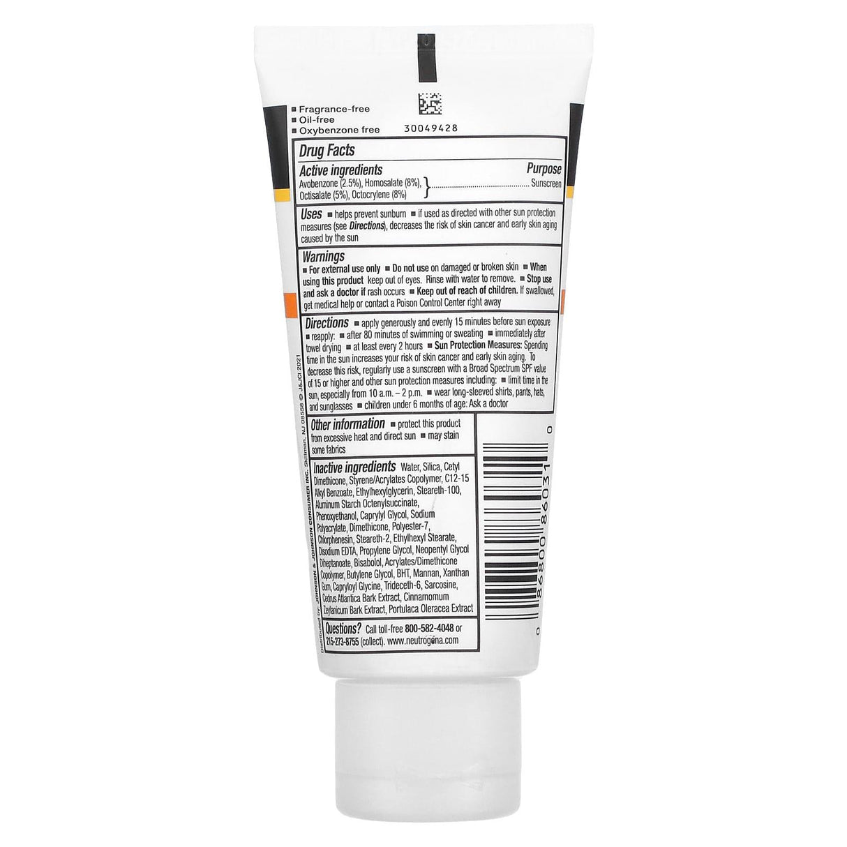 Neutrogena, Clear Face, Oil-Free Sunscreen, Broad Spectrum SPF 30, Fragrance Free, 3 fl oz (88 ml) - Supply Center USA