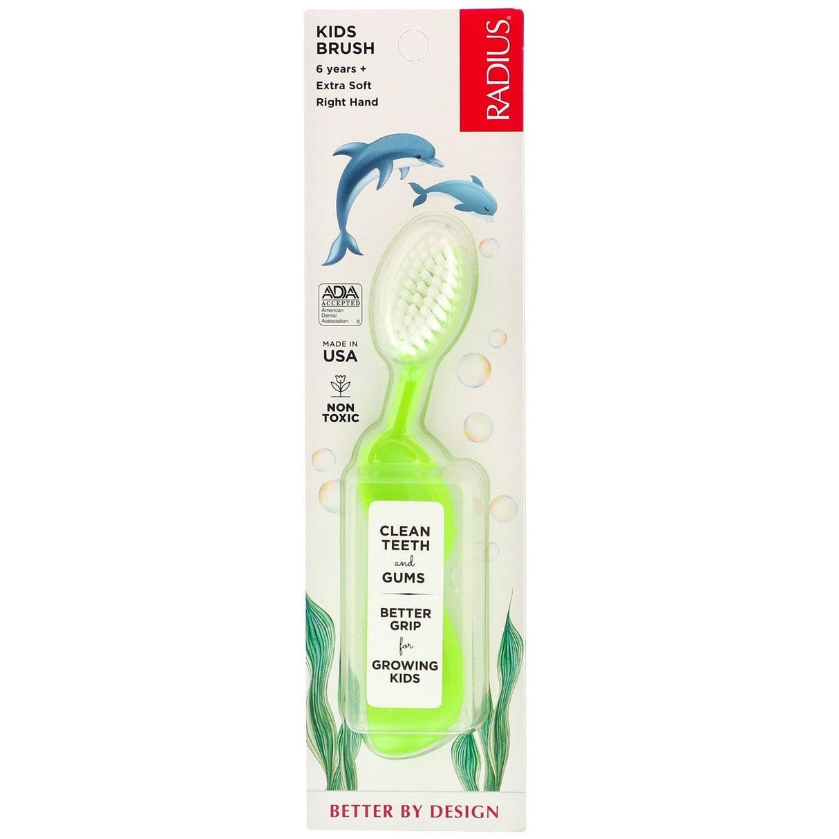 RADIUS, Kids Brush, 6 Years +, Extra Soft, Right Hand, Lime Green, 1 Toothbrush - Supply Center USA