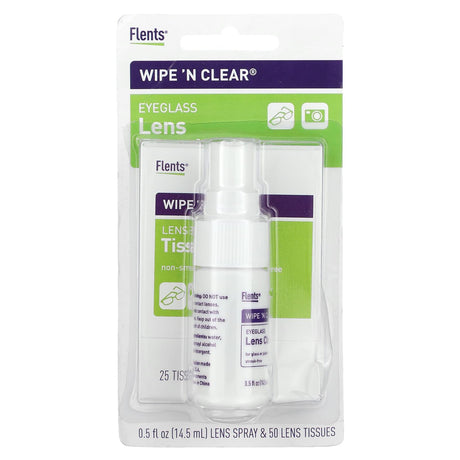 Flents, Wipe 'N Clear, Eyeglass Lens Cleaner, 50 Wipes, 1 Spray, 0.5 fl oz (14.5 ml) - Supply Center USA