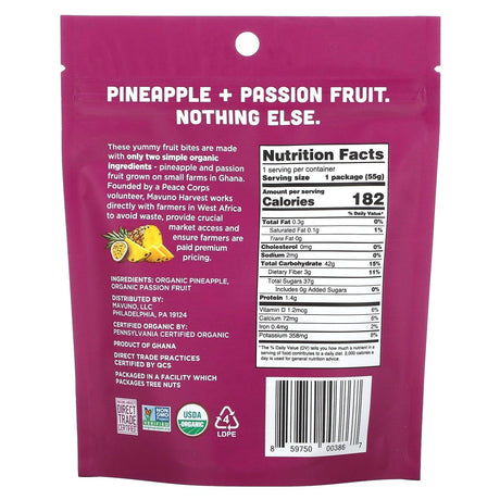 Mavuno Harvest, Organic Chew Fruit Bites, Pineapple + Passion Fruit, 1.94 oz (55 g) - Supply Center USA