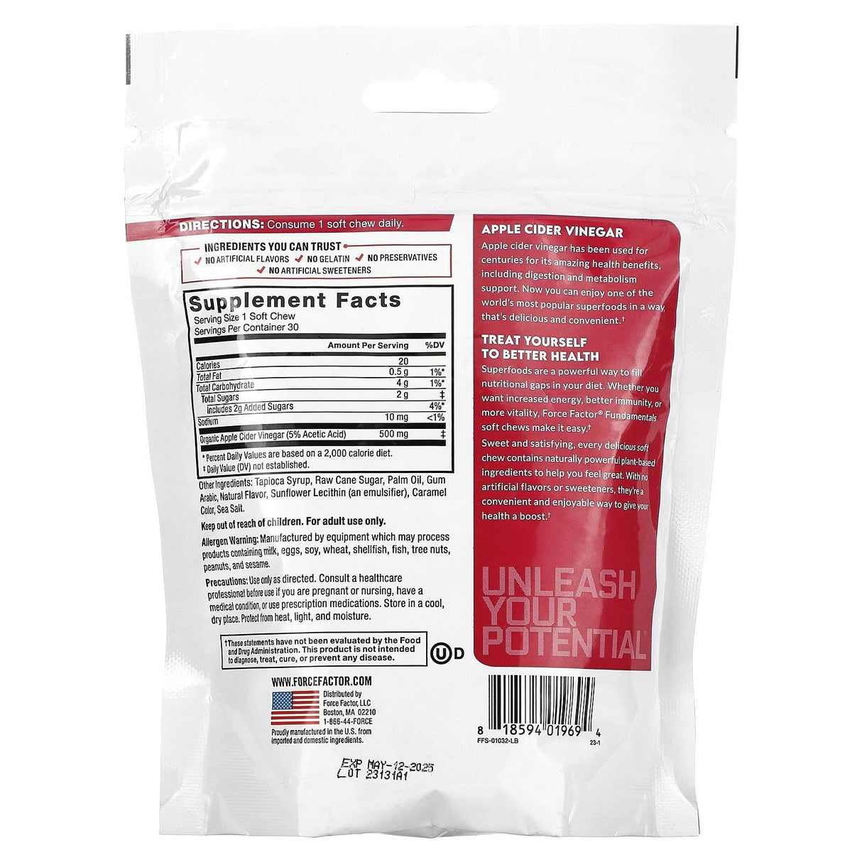 Force Factor, Apple Cider Vinegar, Caramel Apple, 30 Soft Chews - Supply Center USA