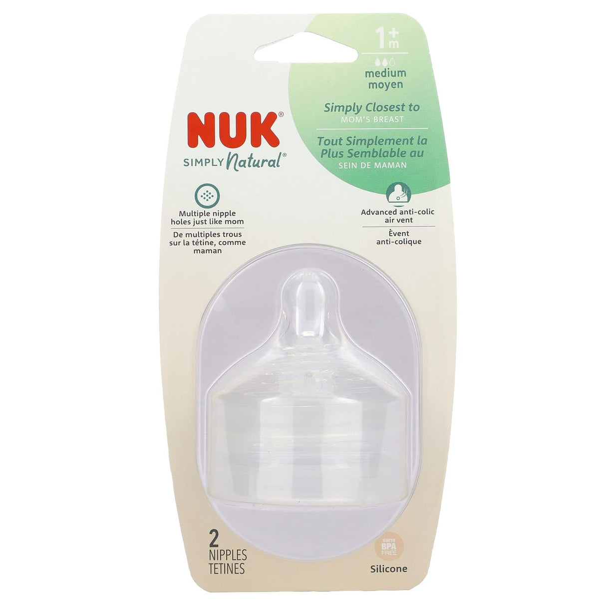 NUK, Simply Natural, Nipples, 1+ Months, Medium Flow, 2 Nipples - Supply Center USA