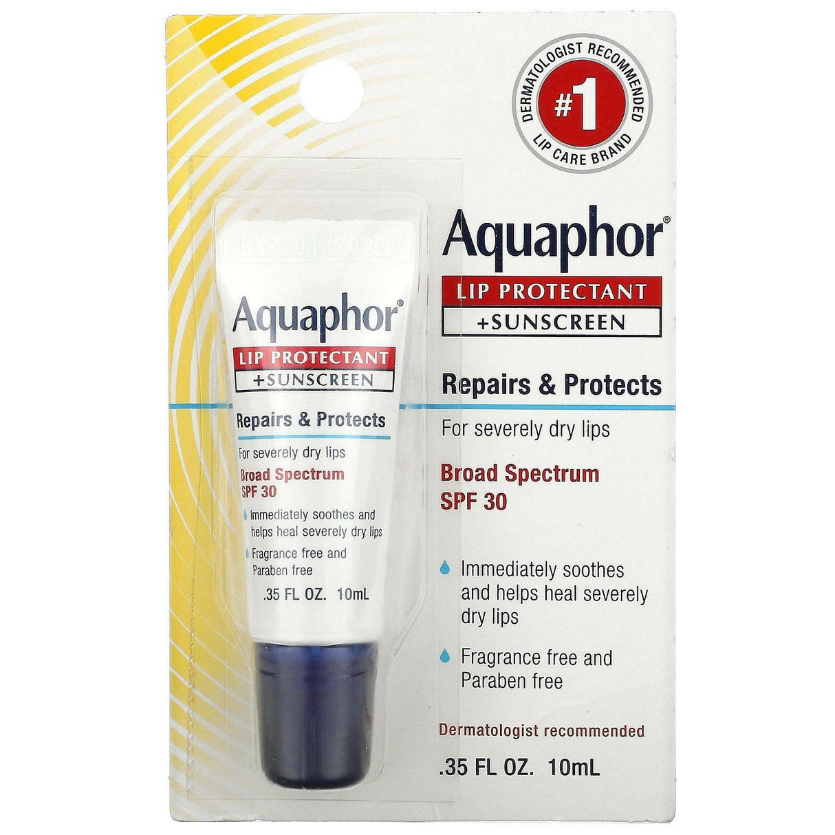 Aquaphor, Lip Protectant + Sunscreen, Broad Spectrum SPF 30, 0.35 fl oz (10 ml) - Supply Center USA