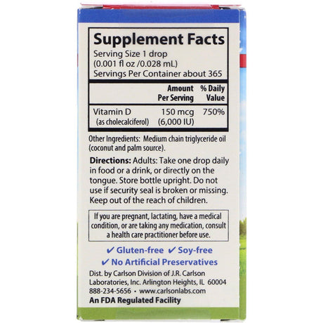 Carlson Labs, Super Daily D3, 150 mcg (6,000 IU), 0.35 fl oz (10.3 ml) - Supply Center USA