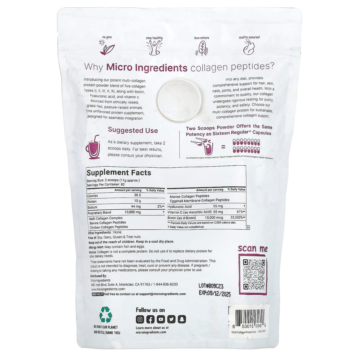 Micro Ingredients, Multi Collagen Peptides, Type I, II, III, V, X, Unflavored, 2 lb (907 g) - Supply Center USA