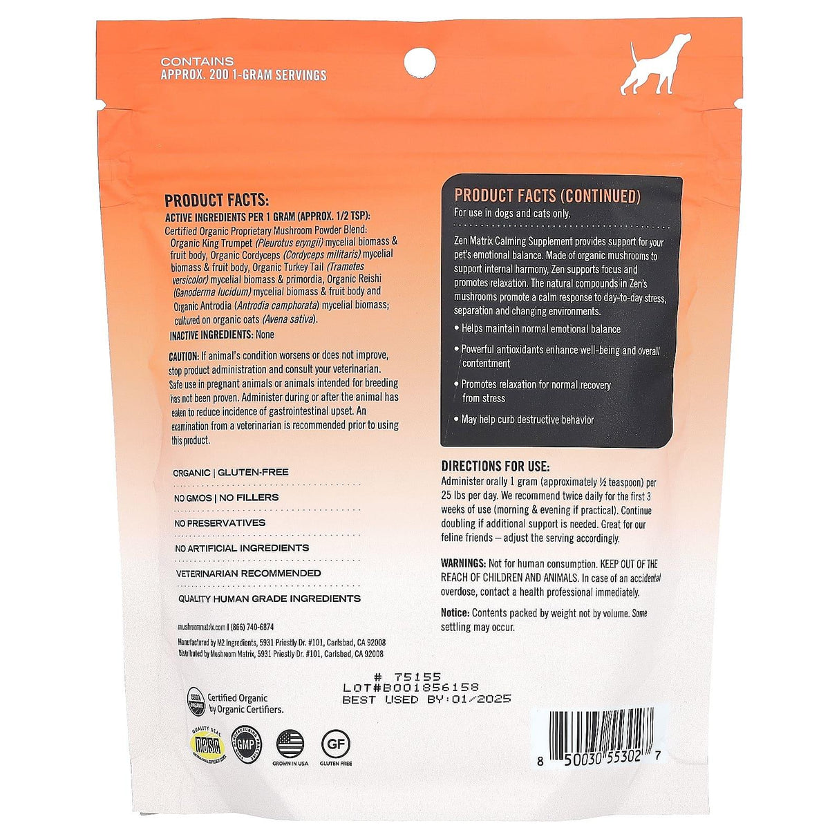 Mushroom Matrix Canine, Zen, Certified Organic Mushroom Powder, For 50 lb Pet, For Dogs and Cats, 7.1 oz (200 g) - Supply Center USA