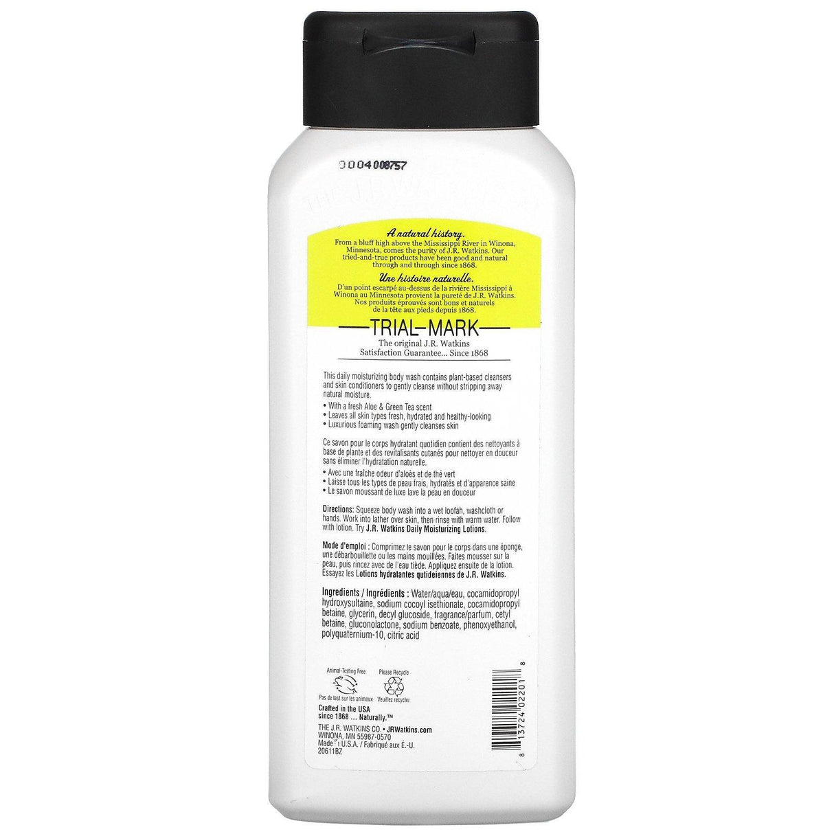 J R Watkins, Daily Moisturizing Body Wash, Aloe & Green Tea, 18 fl oz (532 ml) - Supply Center USA