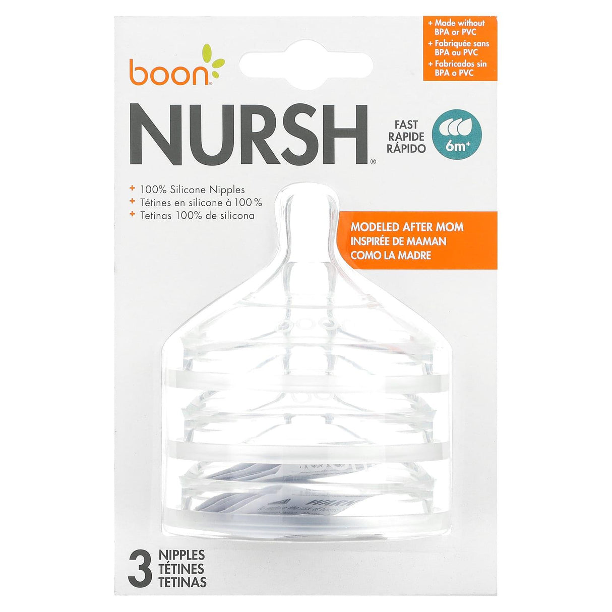 Boon, Nursh, Silicone Nipples, Fast, 6 Months +, 3 Nipples - Supply Center USA