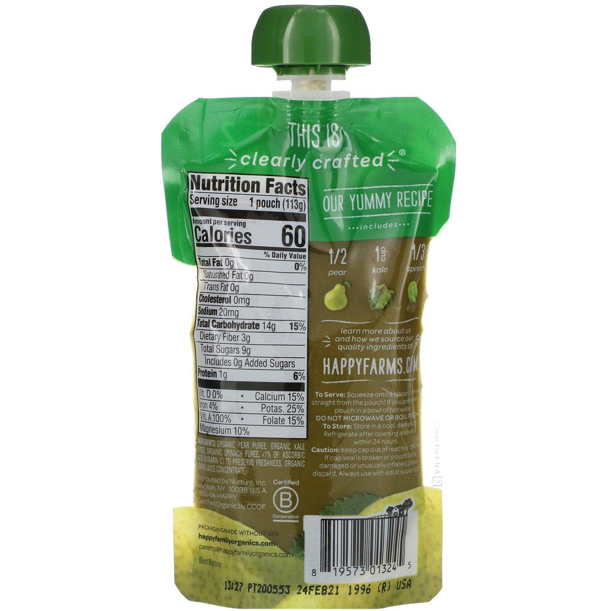 Happy Family Organics, Happy Baby, Organic Baby Food, 6+ Months, Pears, Kale & Spinach, 4 oz (113 g) - Supply Center USA