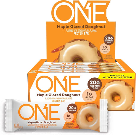 ONE Protein Bars, NEW Recipe Maple Glazed Doughnut, Gluten Free Protein Bars with 20G Protein and 1G Sugar, Pantry Staples, 2.12 Oz (12 Count)