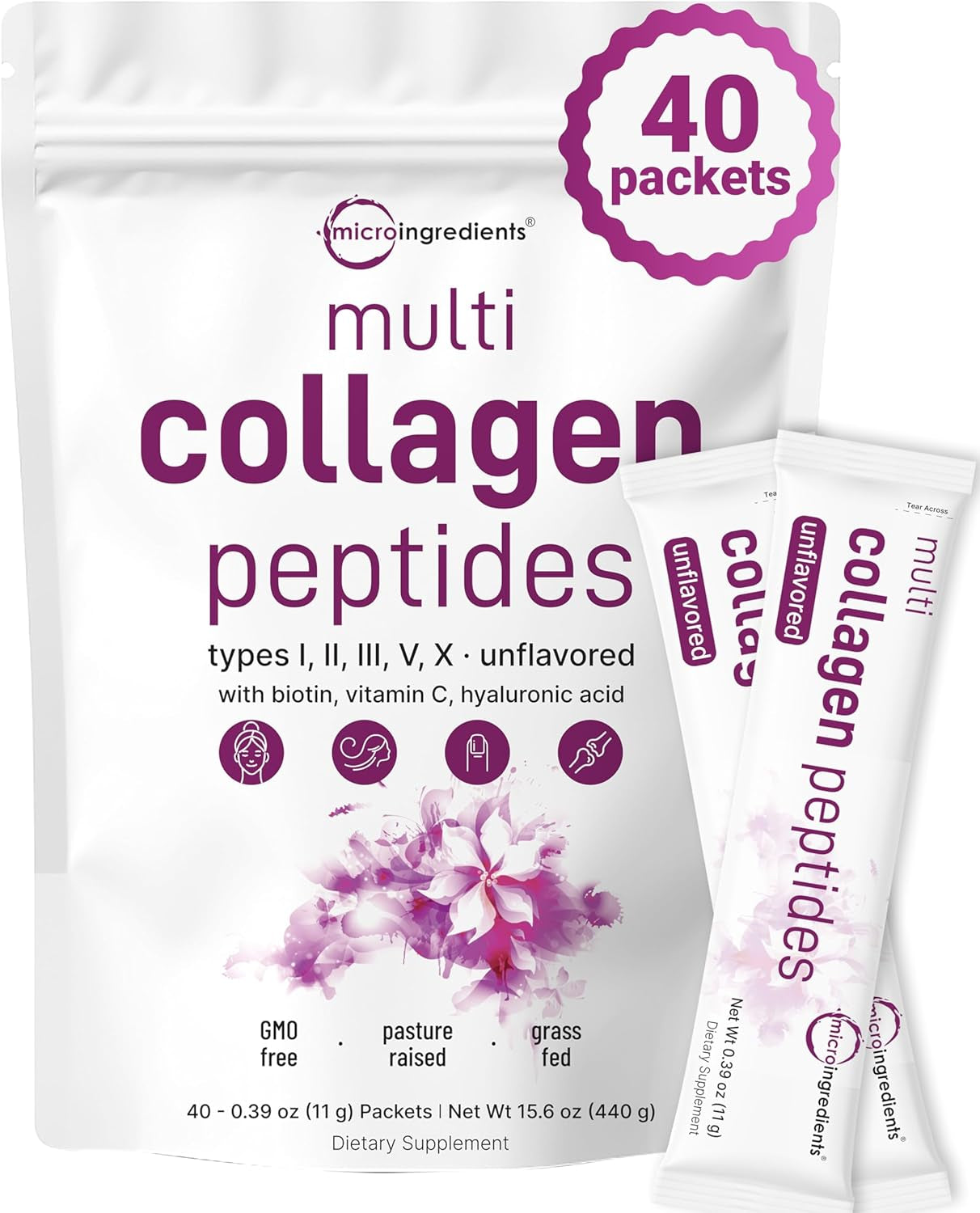 Micro Ingredients Hydrolyzed Collagen Peptides Powder, 1Lb | Grass Fed Bovine Collagen for Women & Men | Type I & III Unflavored | Easy Mixing Vital Nutrients for Healthy Hair, Skin & Joints