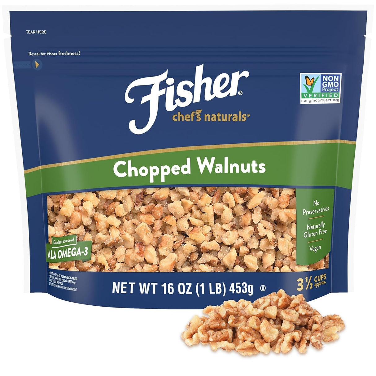 Fisher Chef'S Naturals Walnut & Pieces, Naturally Gluten Free, No Preservatives, Non-Gmo, Halves, 16 Oz