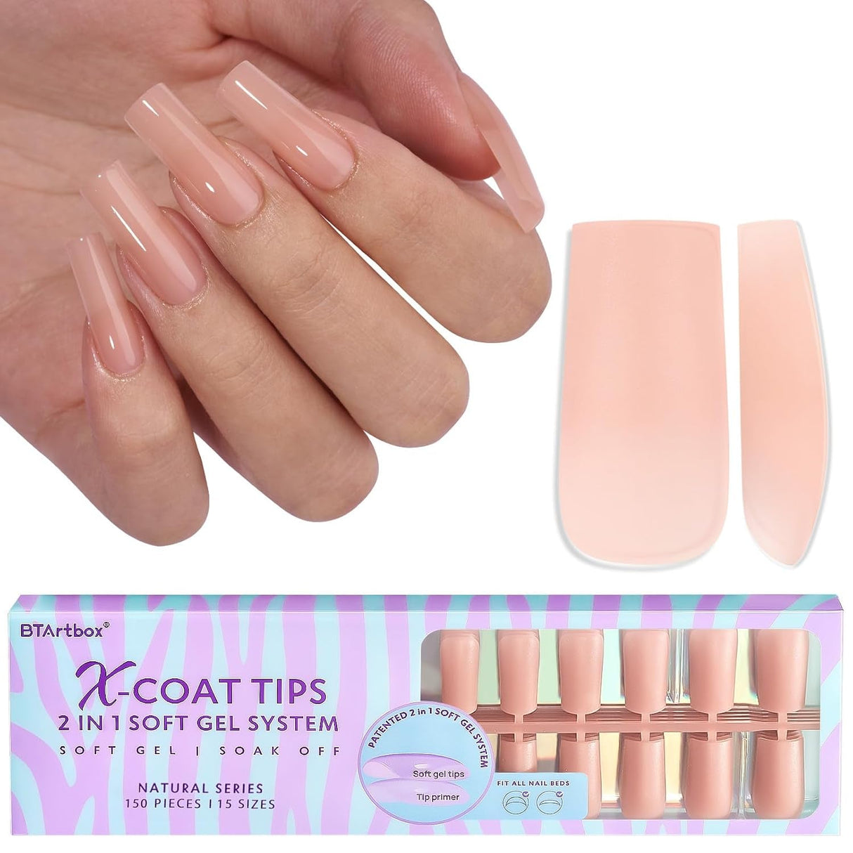 Btartboxnails XS Short Square Gel Nail Tips - Pre Colored Milky White Soft Gel Nail Tips, Milky White Press on Nails, Natural XCOATTIPS Pre Applied Tip Primer
