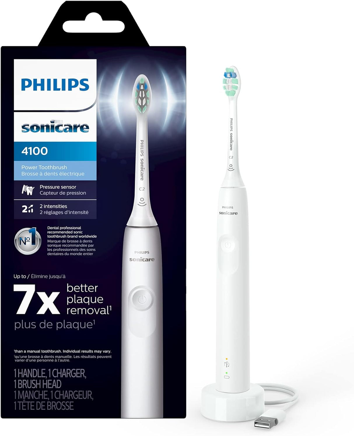 Philips Sonicare 4100 Rechargeable Electric Toothbrush, with Pressure Sensor, 2 Intensity Settings, Smartimer and Quadpacer, 14-Day Battery Life, Black, Model HX3681/24