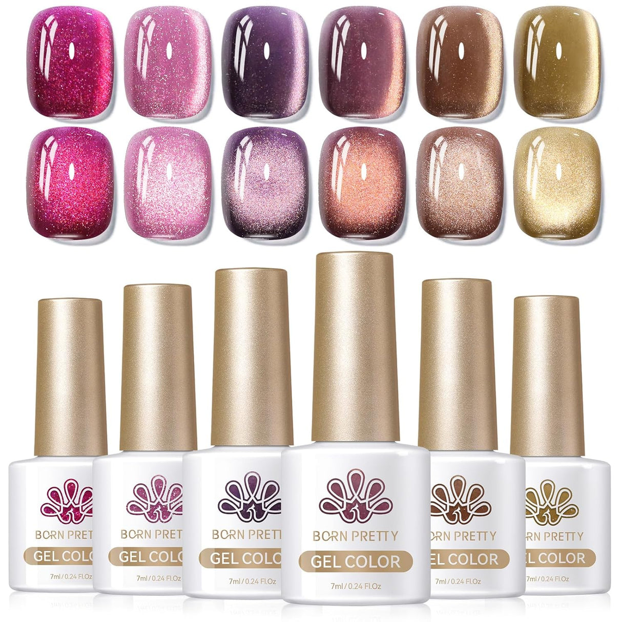 Born Pretty Cat Magnetic Eye Gel Nail Polish, Holographic Glitter Milky Jelly Cat Magnetic Gel Blue Green Purple Pink Nude Silver Nail Art Gel Manicure Salon DIY Gifts 7ML 6PCS