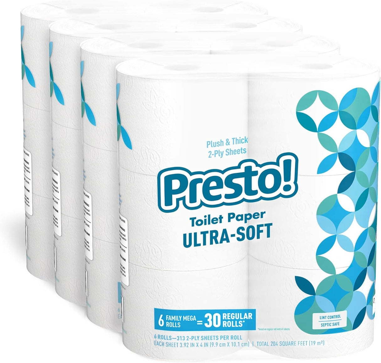 Amazon Brand - Presto! 313 2-Ply Sheet Mega Roll Toilet Paper, Unscented, Ultra-Soft, 12 Rolls (2 Packs of 6), Equivalent to 60 Regular Rolls, White