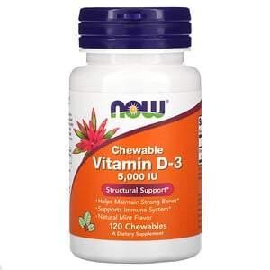 Now Foods, Chewable Vitamin D-3, Natural Mint, 5,000 IU, 120 Chewables - Supply Center USA