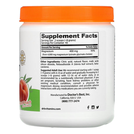 Doctor's Best, High Absorption Magnesium Powder, Sweet Peach, 12.3 oz (347 g) - Supply Center USA