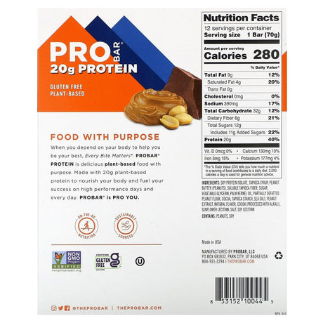 ProBar, Protein Bar, Peanut Butter Chocolate, 12 Bars, 2.47 oz (70 g) Each - Supply Center USA