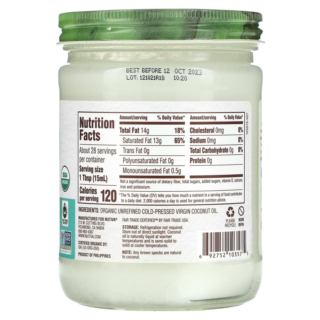 Nutiva, Organic Virgin Coconut Oil, 14 fl oz (414 ml) - Supply Center USA