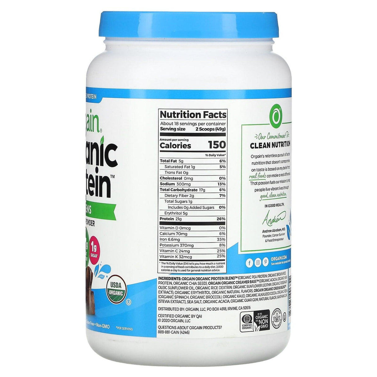 Orgain, Organic Protein + Greens, Plant Based Protein Powder, Creamy Chocolate Fudge, 1.94 lbs (882 g) - Supply Center USA