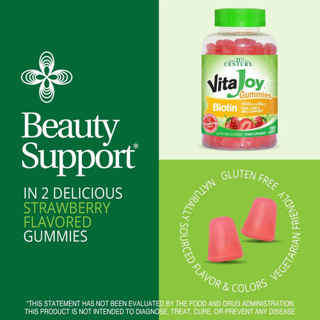 21st Century, VitaJoy Biotin Gummies, Strawberry Flavor, 2,500 mcg, 120 Vegetarian Gummies - Supply Center USA