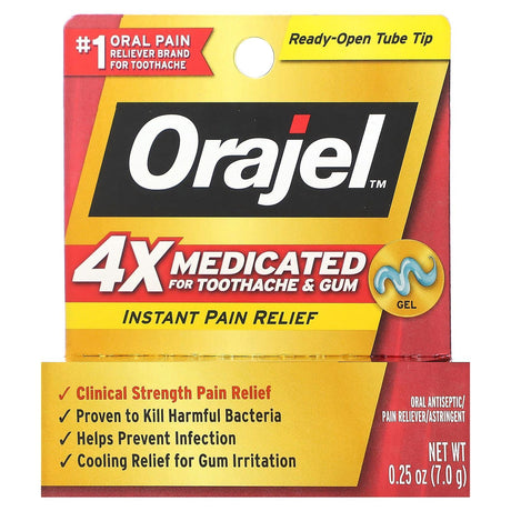 Orajel, Instant Pain Relief Gel, 4X Medicated For Toothache & Gum, 0.25 oz (7 g) - Supply Center USA