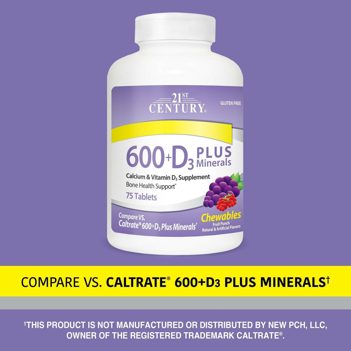 21st Century, 600 + D3 Plus Minerals, Fruit Punch, 75 Chewable Tablets - Supply Center USA