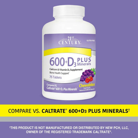 21st Century, 600 + D3 Plus Minerals, Fruit Punch, 75 Chewable Tablets - Supply Center USA