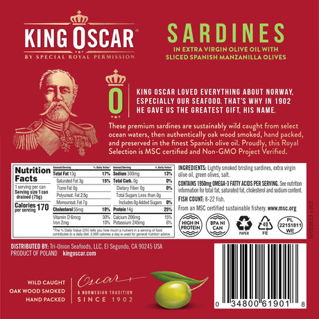 King Oscar, Sardines In Extra Virgin Olive Oil With Sliced Spanish Manzanilla Olives, 3.75 oz (106 g) - Supply Center USA