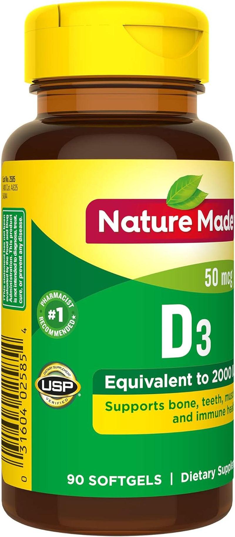 Nature Made Vitamin D3 2000 IU (50 Mcg), Dietary Supplement for Bone, Teeth, Muscle and Immune Health Support, 90 Softgels, 90 Day Supply - Supply Center USA