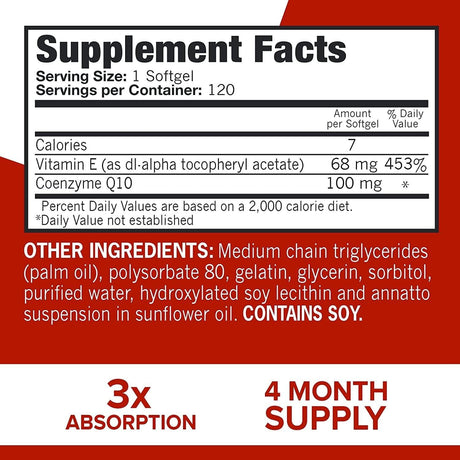 Qunol Coq10 100Mg Softgels, Ultra Coq10 100Mg, 3X Better Absorption, Antioxidant for Heart Health & Energy Production, Coenzyme Q10 Vitamins and Supplements, 4 Month Supply, 120 Count - Supply Center USA