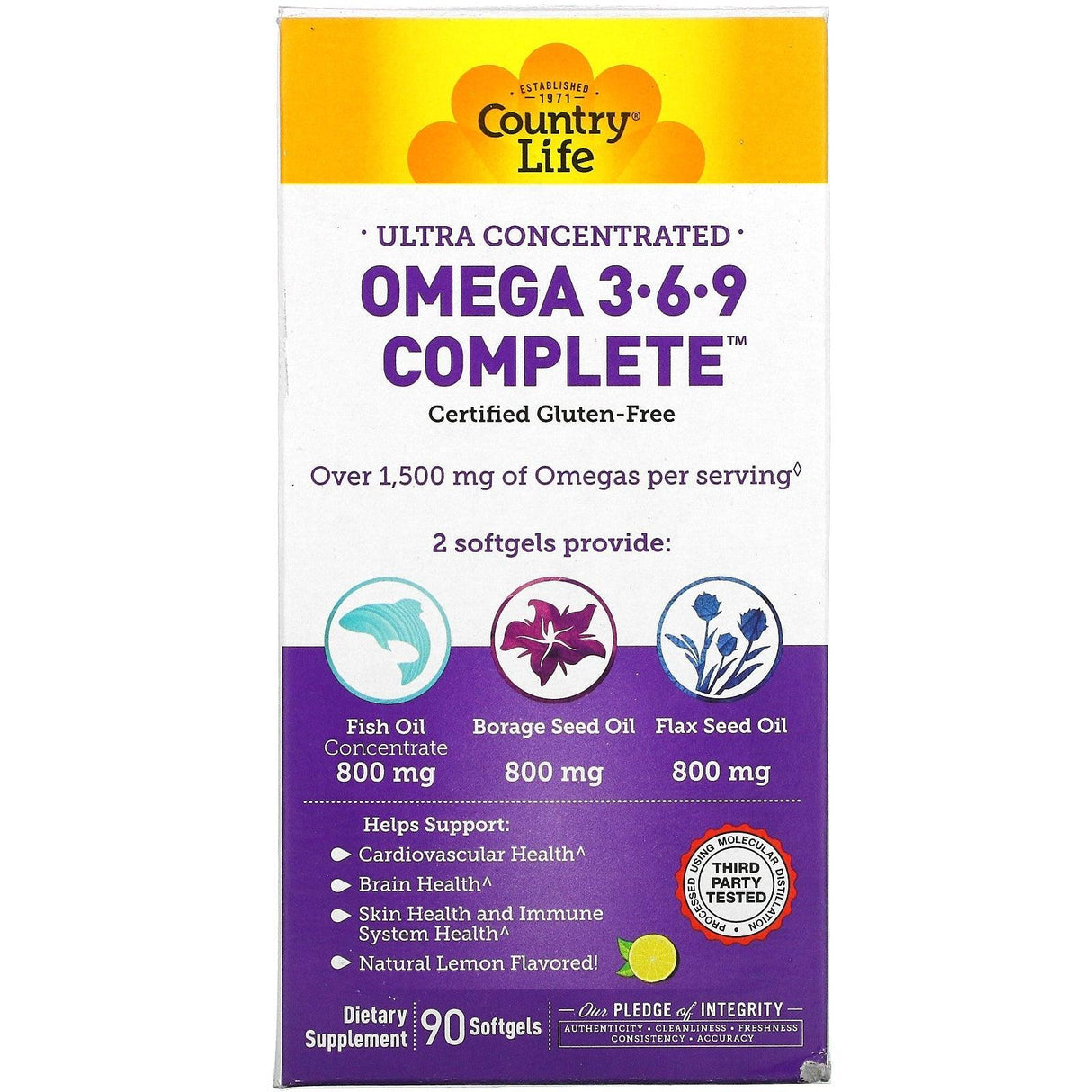 Country Life, Ultra Concentrated Omega 3-6-9 Complete, Natural Lemon, 90 Softgels - Supply Center USA