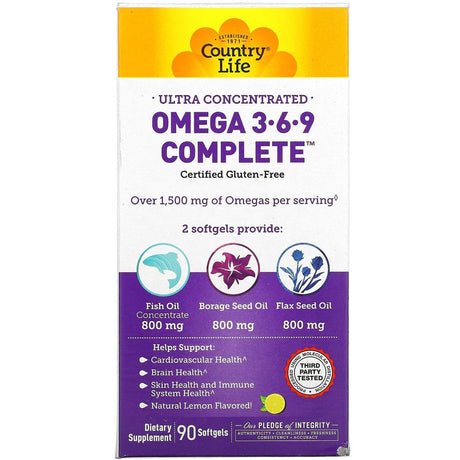 Country Life, Ultra Concentrated Omega 3-6-9 Complete, Natural Lemon, 90 Softgels - Supply Center USA