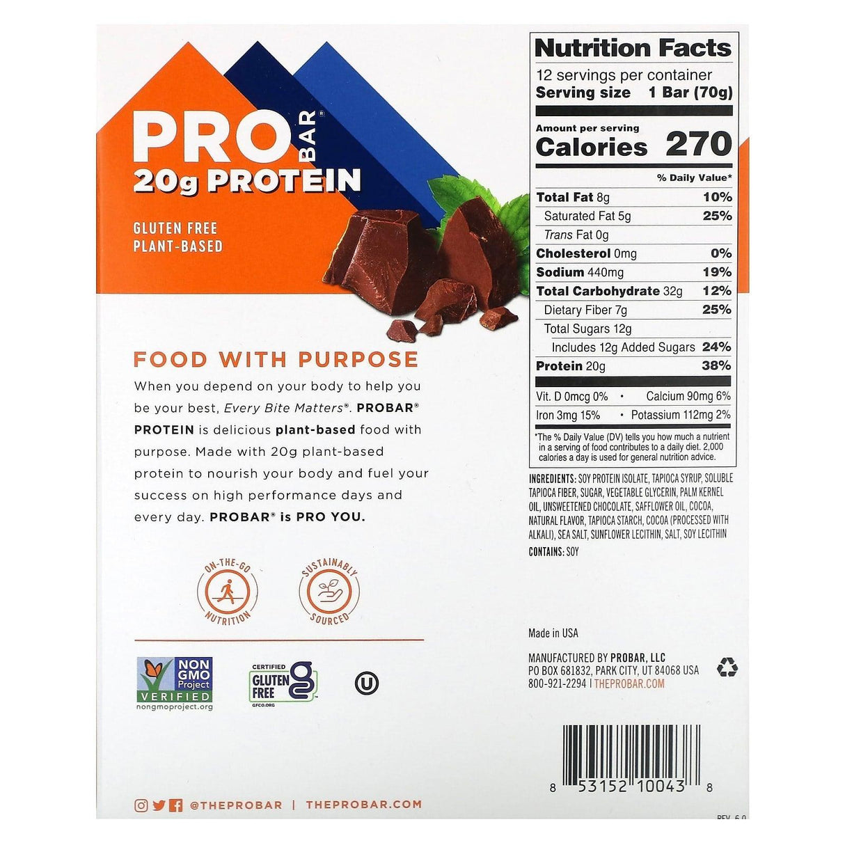 ProBar, Protein Bar, Mint Chocolate, 12 Bars, 2.47 oz (70 g) Each - Supply Center USA