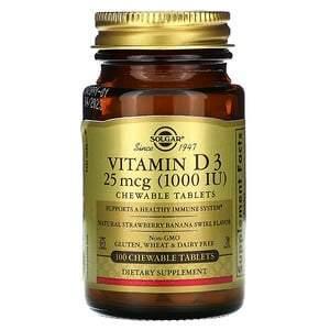 Solgar, Vitamin D3, Natural Strawberry Banana Swirl Flavor, 25 mcg (1,000 IU), 100 Chewable Tablets - Supply Center USA