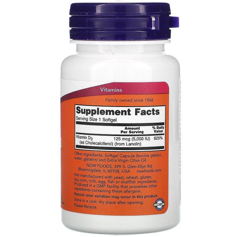 Now Foods, High Potency Vitamin D-3, 125 mcg (5,000 IU), 120 Softgels - Supply Center USA