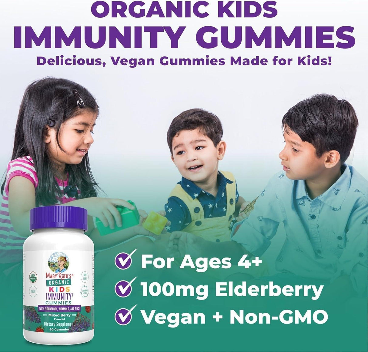 Maryruth Organics Kids Immune Support Gummies | USDA Organic | Vitamin C, Zinc, and Elderberry Gummies for Kids| Immune Support for Kids Ages 4+ | Vegan | Non-Gmo | Gluten Free | 60 Count - Supply Center USA