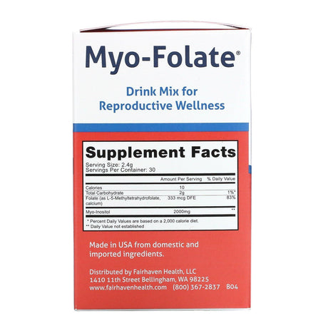 Fairhaven Health, Myo-Folate, Drink Mix for Reproductive Wellness, Unflavored, 30 Packets, 2.4 g Each - Supply Center USA