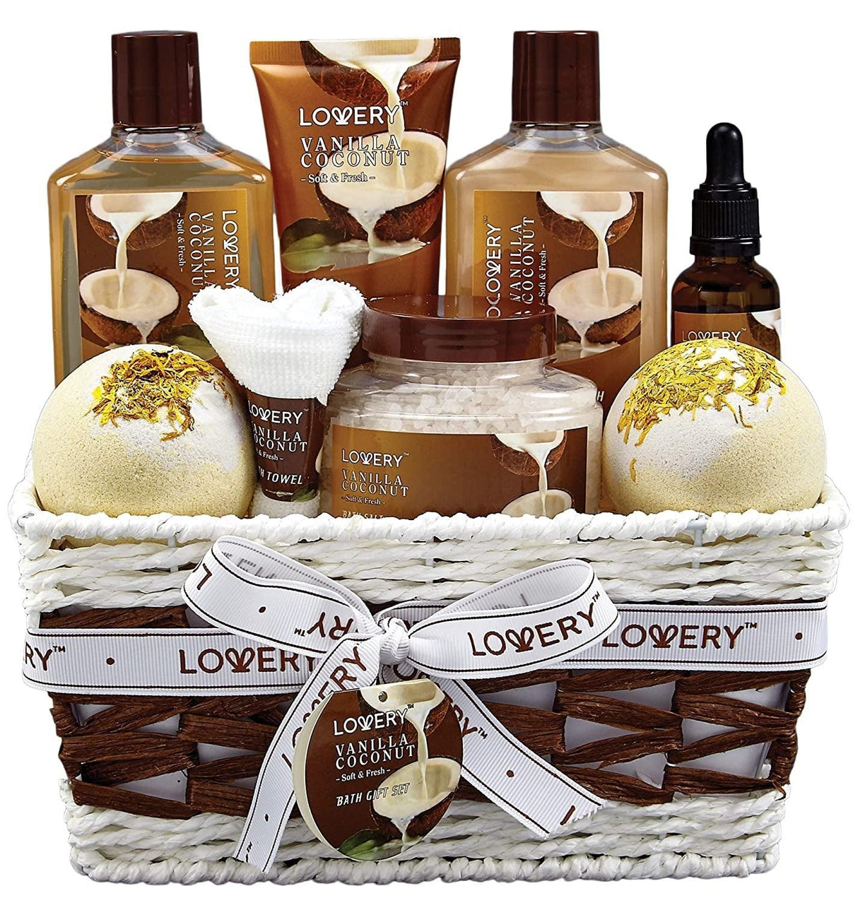 Bath and Body Gift Basket for Women and Men – 9 Piece Set of Vanilla Coconut Home Spa Set, Includes Fragrant Lotions, Extra Large Bath Bombs, Coconut Oil, Luxurious Bath Towel & More - Supply Center USA