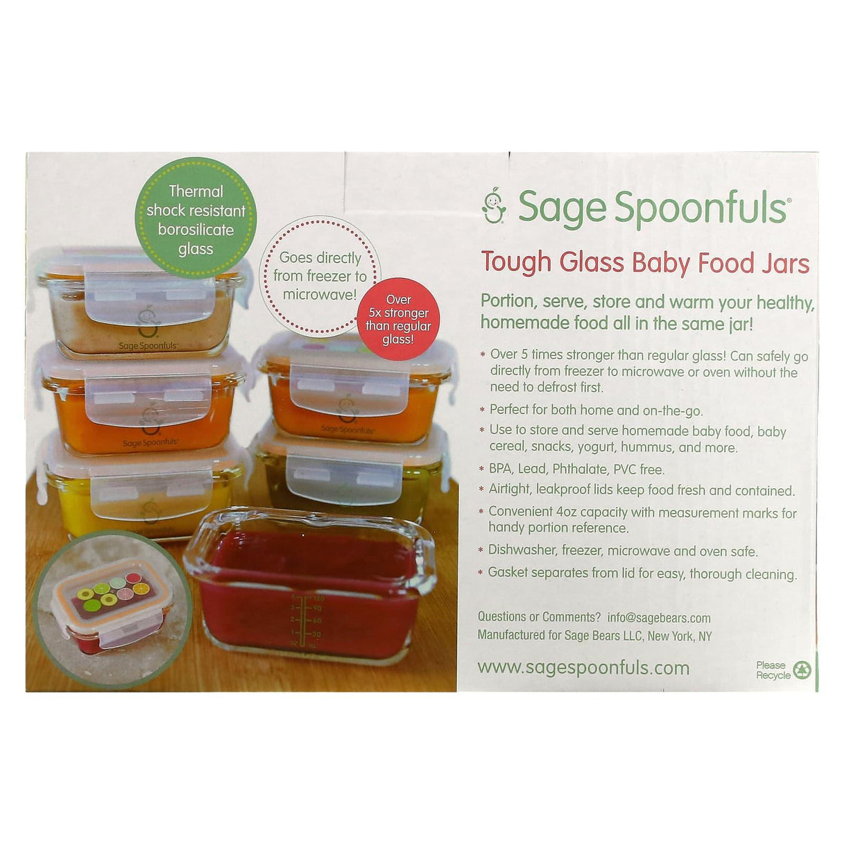 Sage Spoonfuls, Tough Glass Baby Food Jars, 6 Pack, 4 oz (120 ml) Each - Supply Center USA