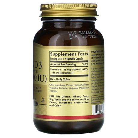 Solgar, Vitamin D3 (Cholecalciferol), 125 mcg (5000 IU), 120 Vegetable Capsules - Supply Center USA