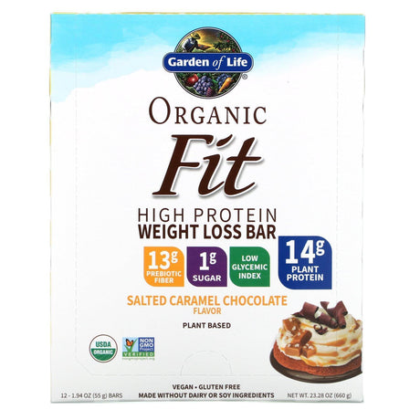 Garden of Life, Organic Fit, High Protein Weight Loss Bar, Salted Caramel Chocolate, 12 Bars, 1.94 oz (55 g) Each - Supply Center USA