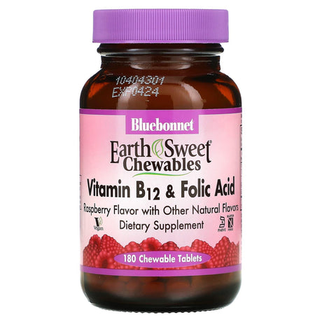 Bluebonnet Nutrition, EarthSweet Chewables, Vitamin B-12 & Folic Acid, Raspberry , 180 Chewable Tablets - Supply Center USA