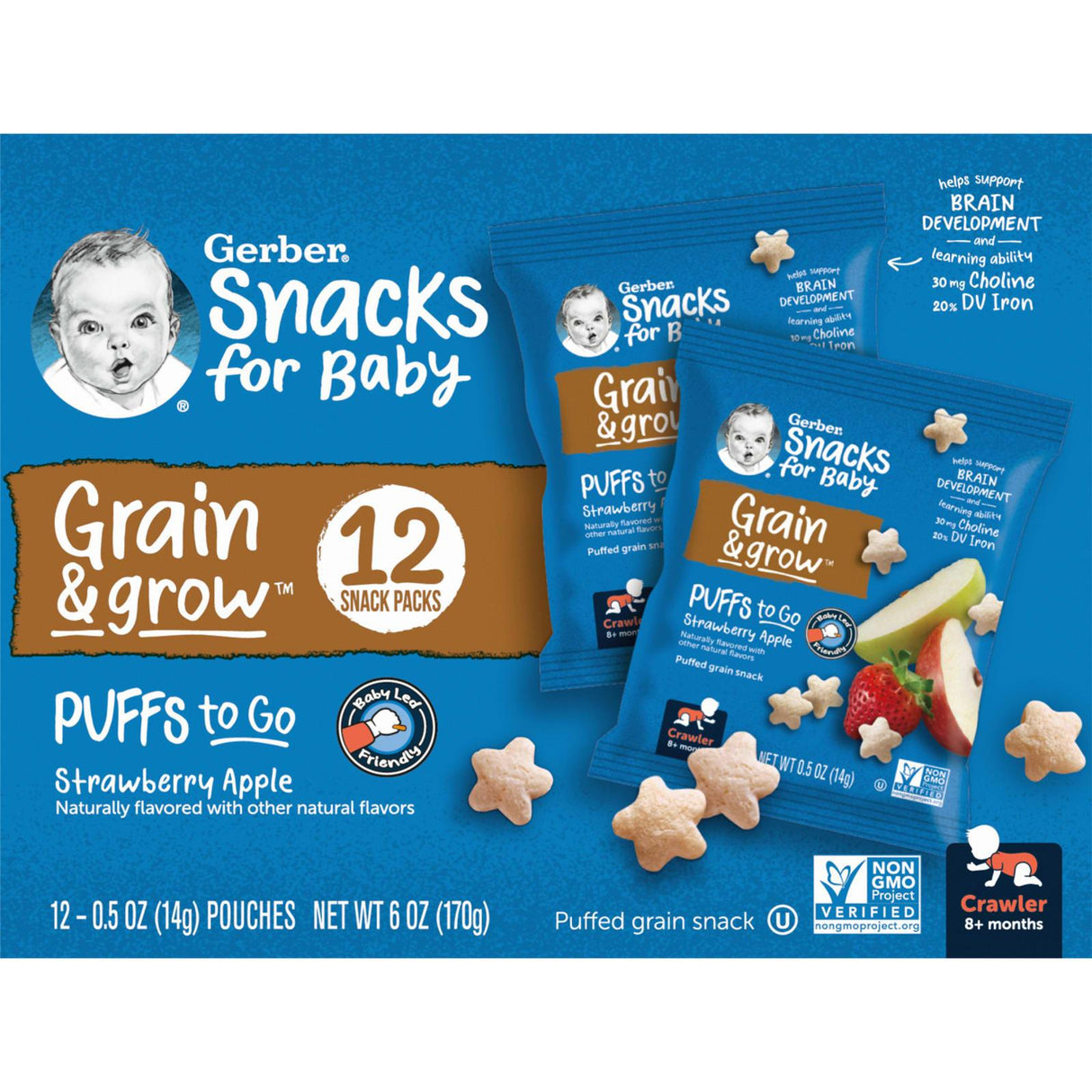 Gerber, Snacks for Baby, Grain & Grow, Puffs to Go, 8+ Months, Strawberry Apple, 12 Snack Packs, 0.5 oz (14 g) Each - Supply Center USA