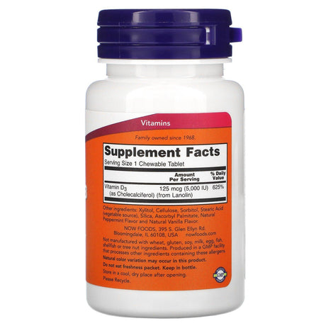 Now Foods, Chewable Vitamin D-3, Natural Mint, 5,000 IU, 120 Chewables - Supply Center USA