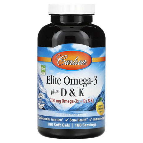 Carlson, Elite Omega-3 Plus D & K, Natural Lemon Flavor, 60 Soft Gels - Supply Center USA