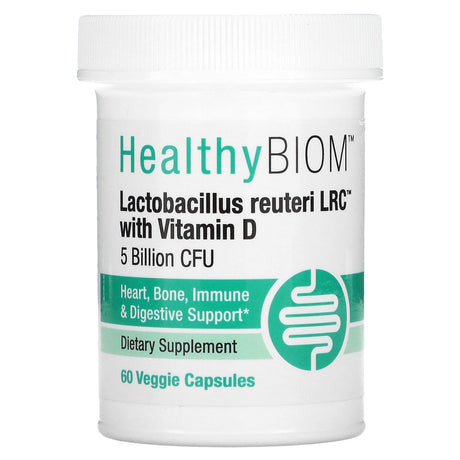 HealthyBiom, Lactobacillus Reuteri LRC with Vitamin D, 5 Billion CFUs, 60 Veggie Capsules - Supply Center USA