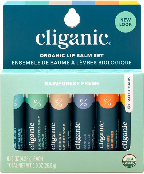 Cliganic USDA Organic Lip Balm Set - 6 Flavors - 100% Natural Moisturizer for Cracked & Dry Lips (Packaging May Vary)